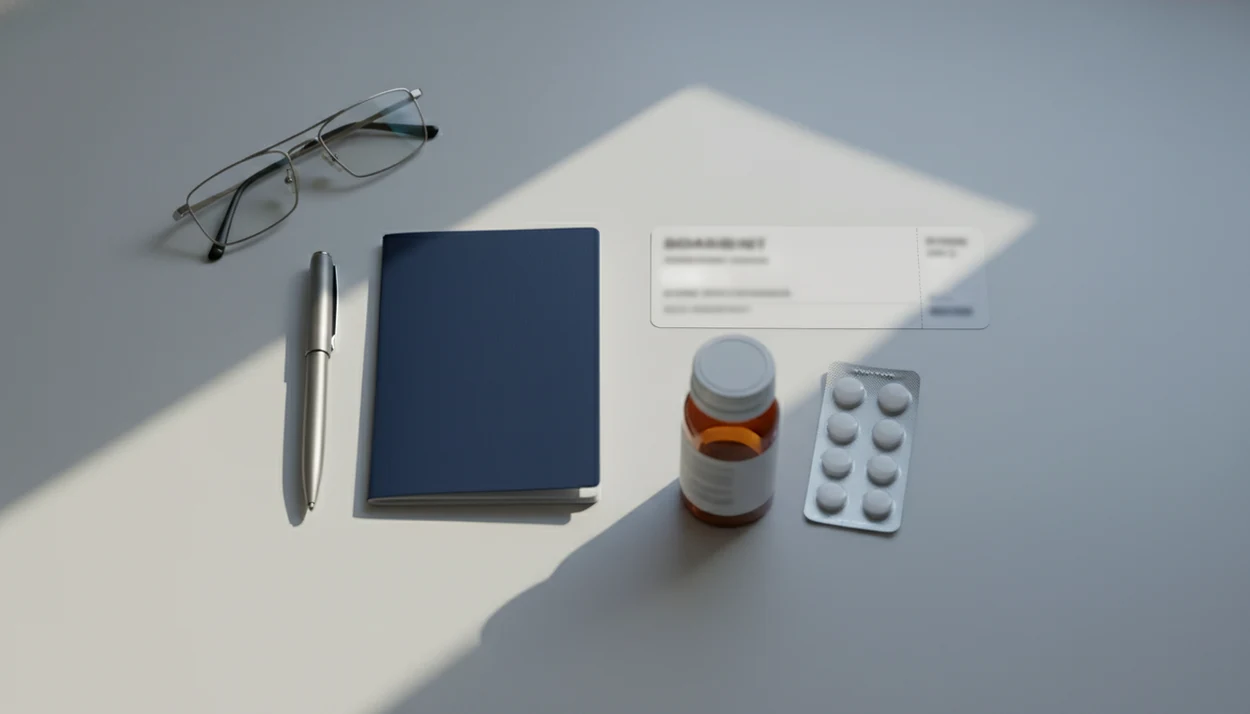 A travel desk still life shows medication, glasses, and flight documents arranged for a clinician-led plan.
