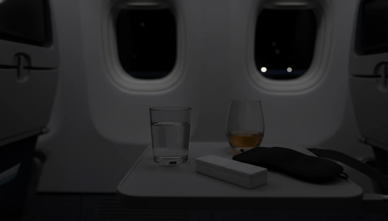 A night flight tray table shows water, a closed pill case, sleep mask, and alcohol set apart.