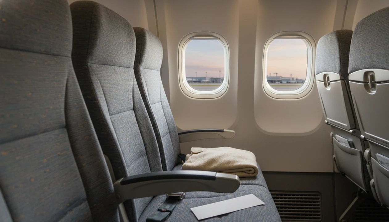 An empty airplane seat by a window suggests the anticipation and tension of flight anxiety.