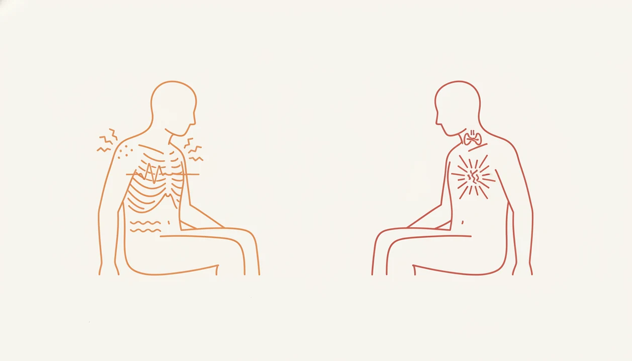 A simple illustration contrasts common panic sensations with more urgent medical warning signs.