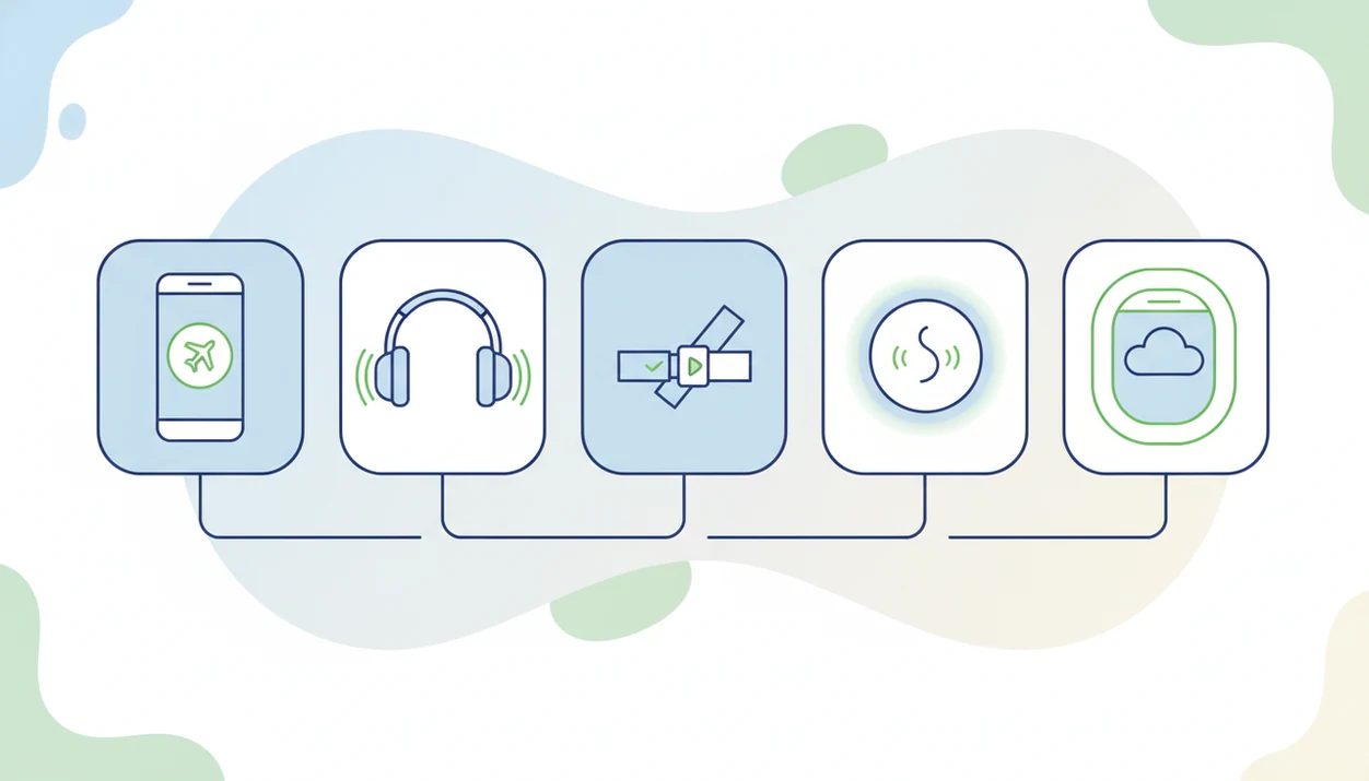 A five-panel illustration shows simple symbols for preparing and pacing breathing on a flight.