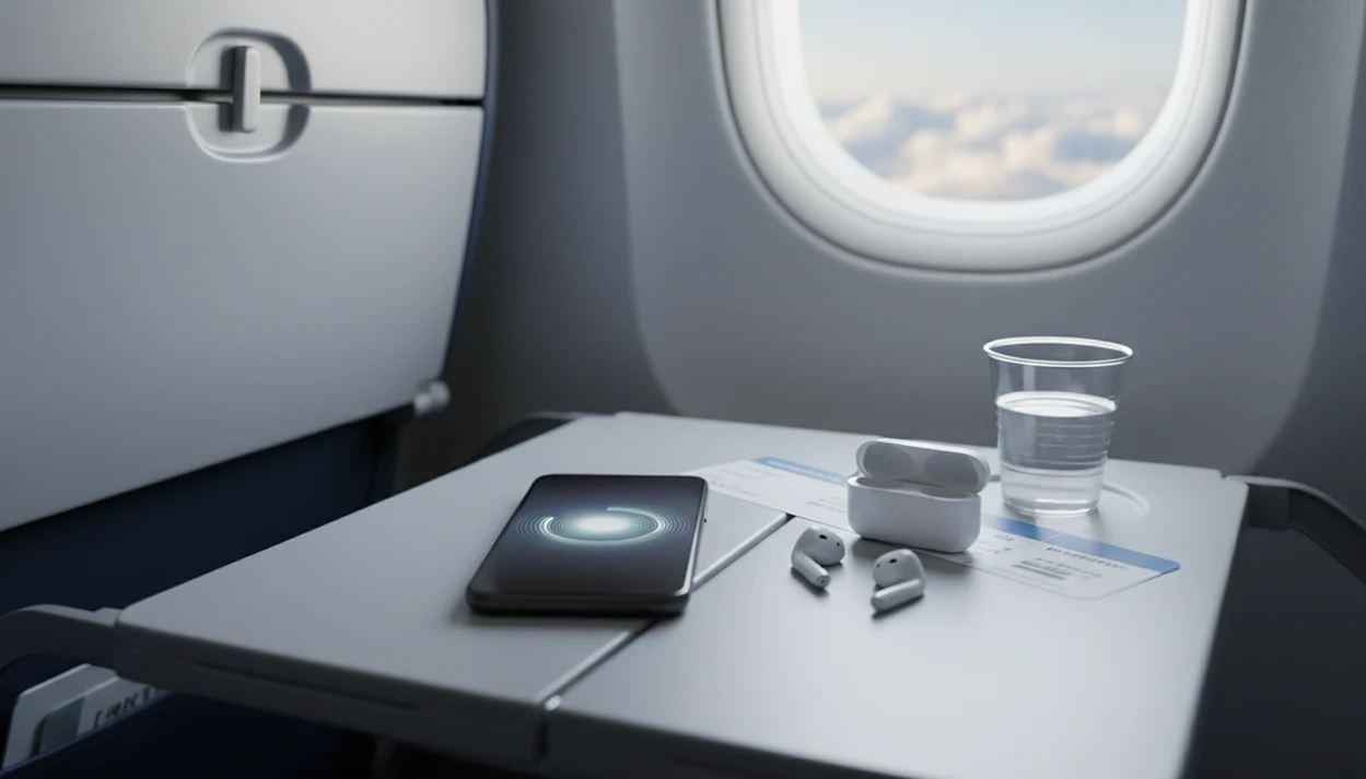 A phone, earbuds, and water sit on an airplane tray table near a softly lit window.