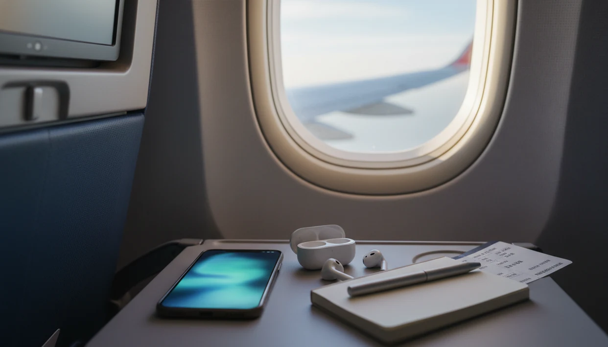 A phone, earbuds, and blank travel notes sit on an airplane tray beside a softly lit window.