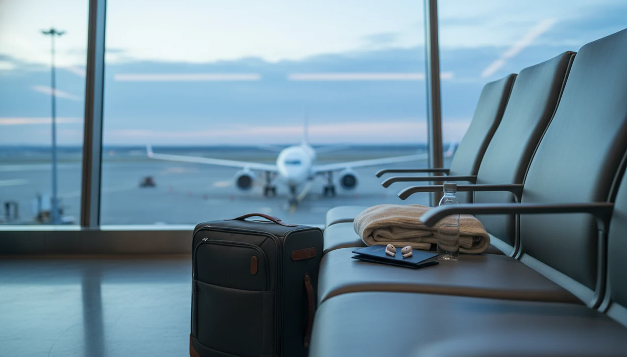 A packed carry-on and travel items sit in a quiet airport lounge with a plane blurred outside at dawn.