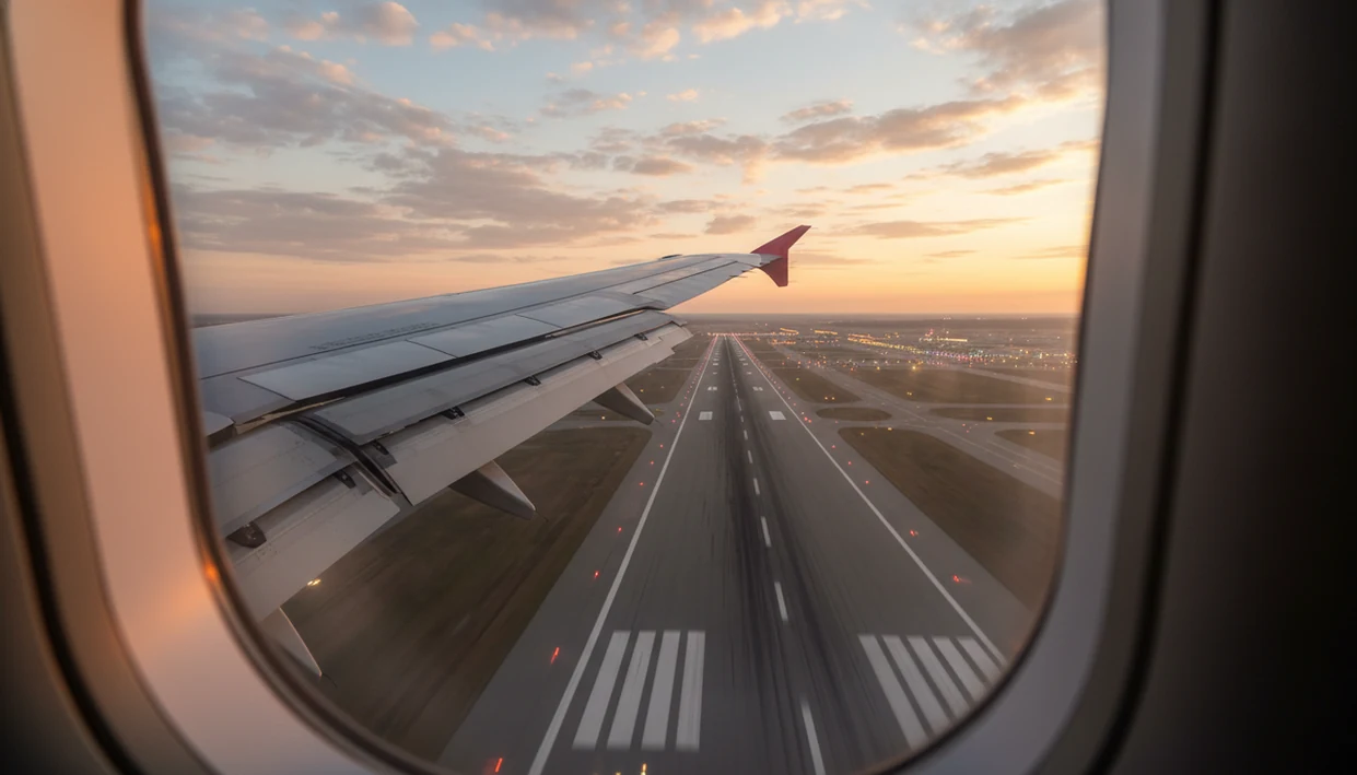 A calm view from an airplane window shows the wing, flaps, and runway during final descent.