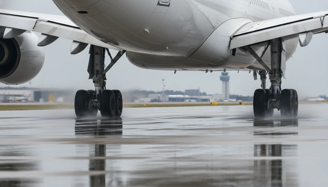 Landing gear, extended flaps, and runway spray show normal noisy systems working after touchdown.