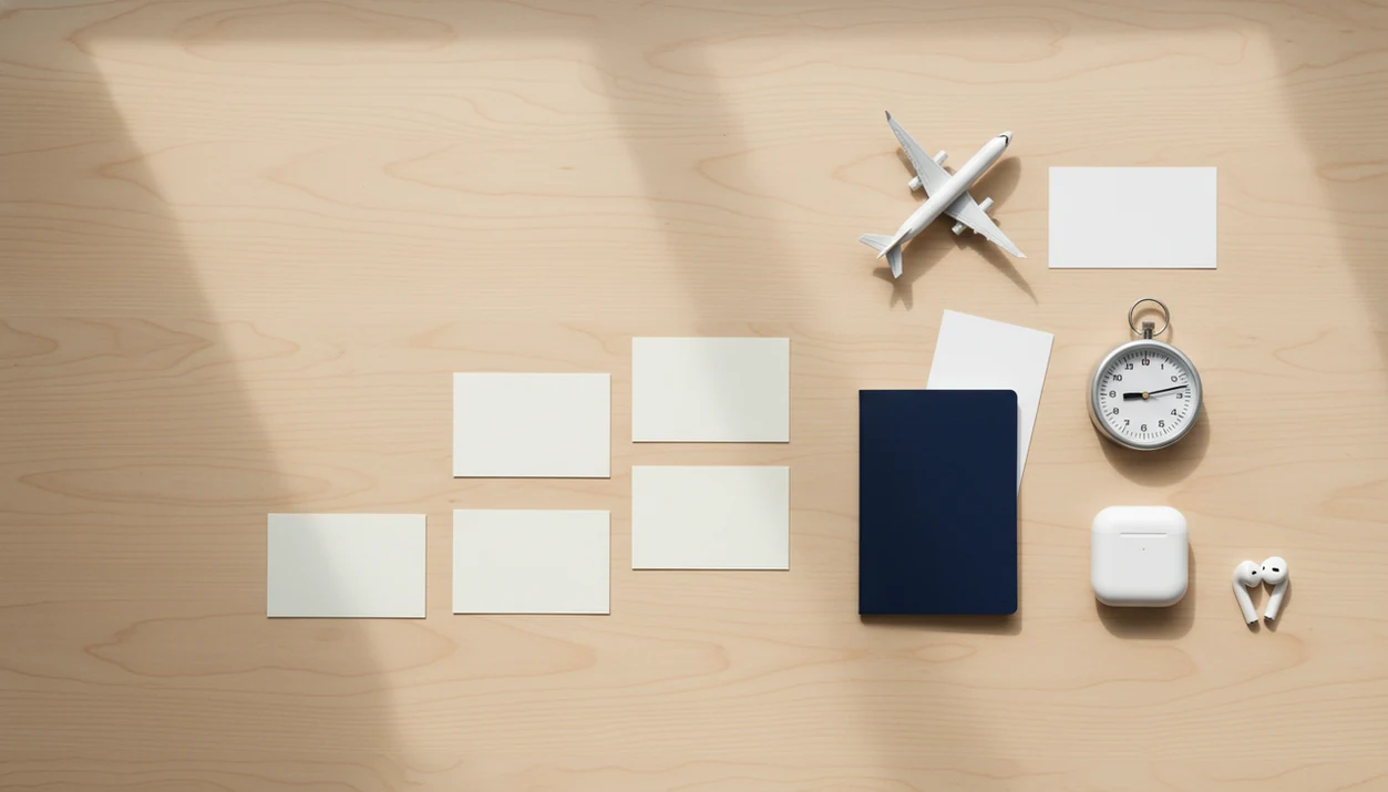 Blank index cards and travel objects form a step-by-step exposure plan on a wooden desk.