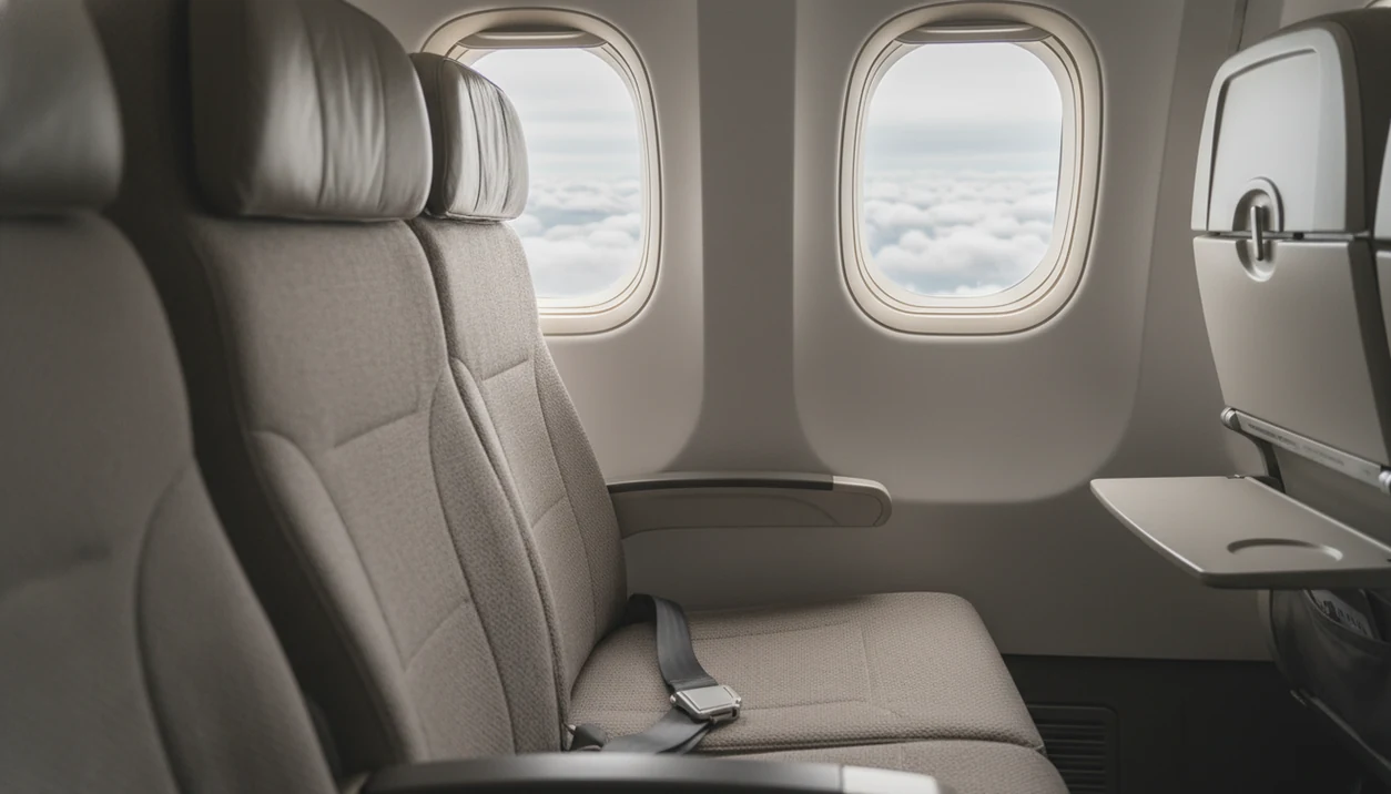 A calm airplane window seat with a fastened seat belt and clouds visible outside.