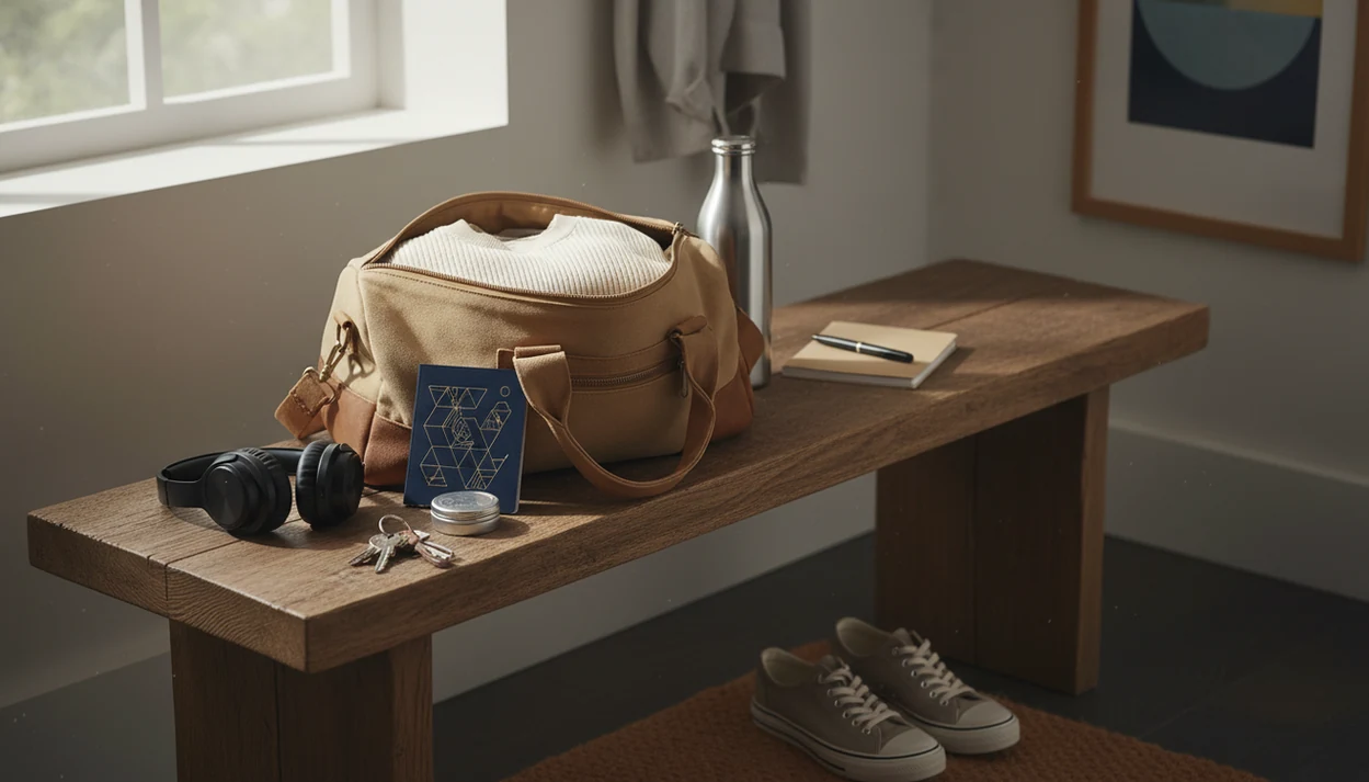 A neatly packed carry-on and calm travel items wait by the door before an airport trip.