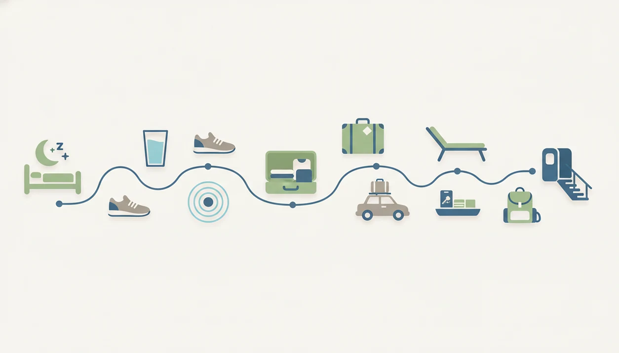 A calm illustrated timeline shows sleep, packing, breathing, airport steps, and boarding icons.