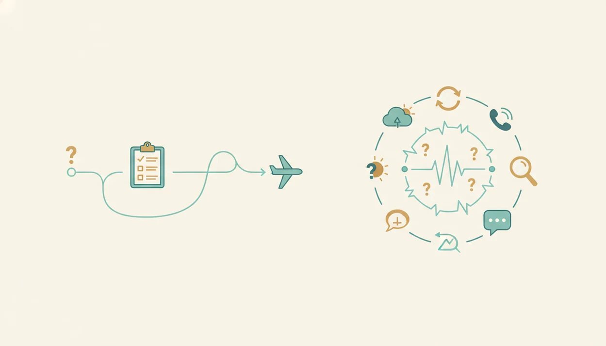 A simple diagram contrasts one planned flight check with a repeating loop of reassurance symbols.