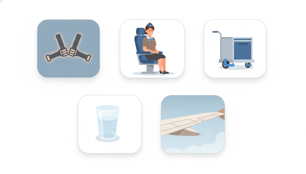 A simple visual checklist shows five normal turbulence signs, including seat belt light and wing flex.