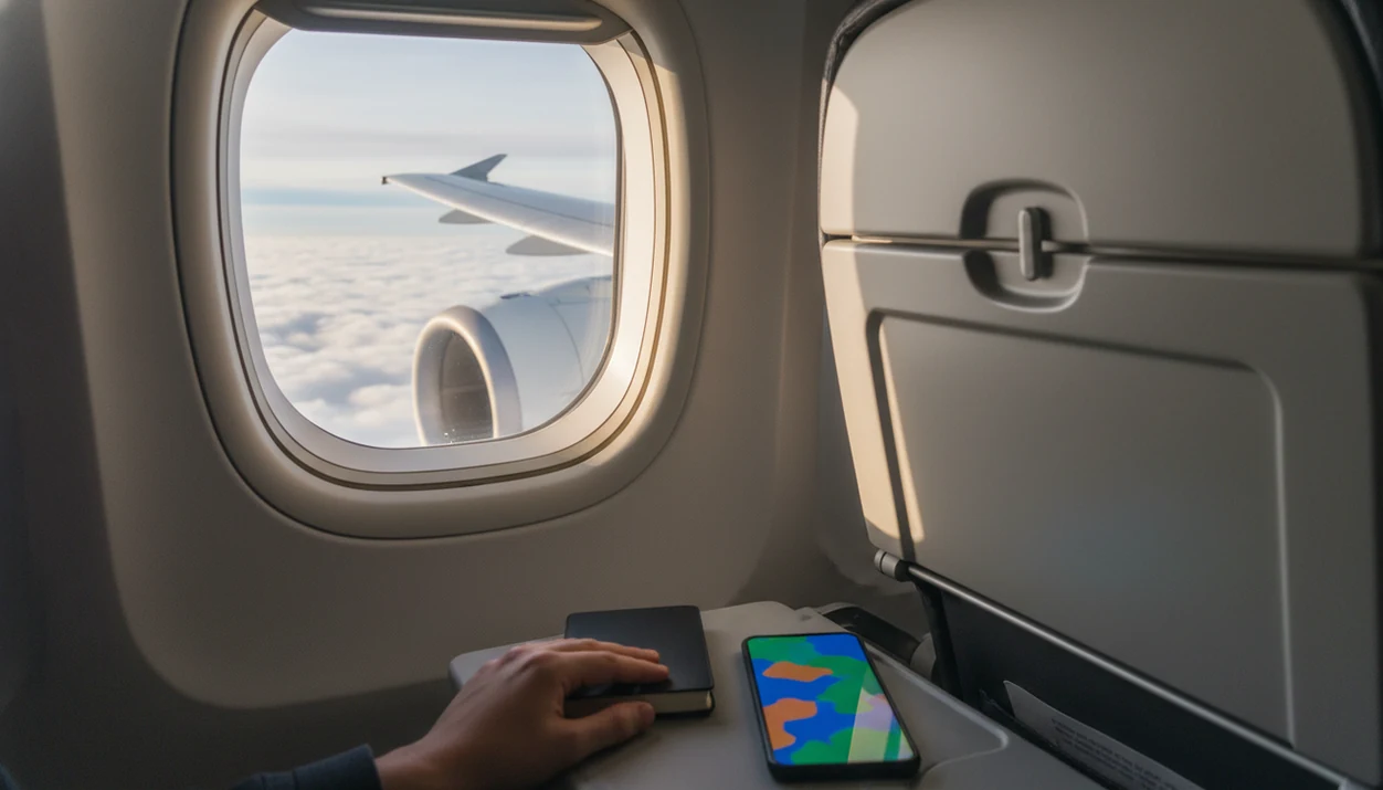 A calm airplane window view with a phone and notebook suggesting tools for understanding flight bumps.