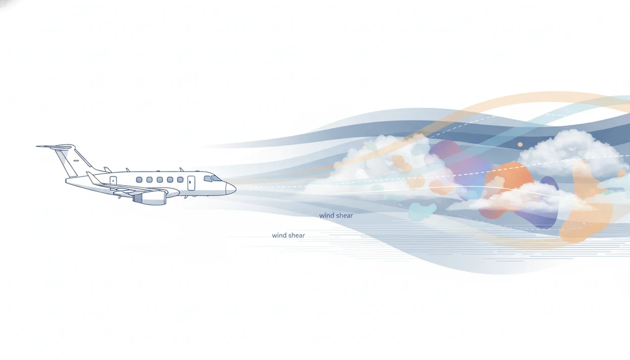 A simple aviation diagram shows an aircraft moving through layered winds, clouds, and turbulence data.