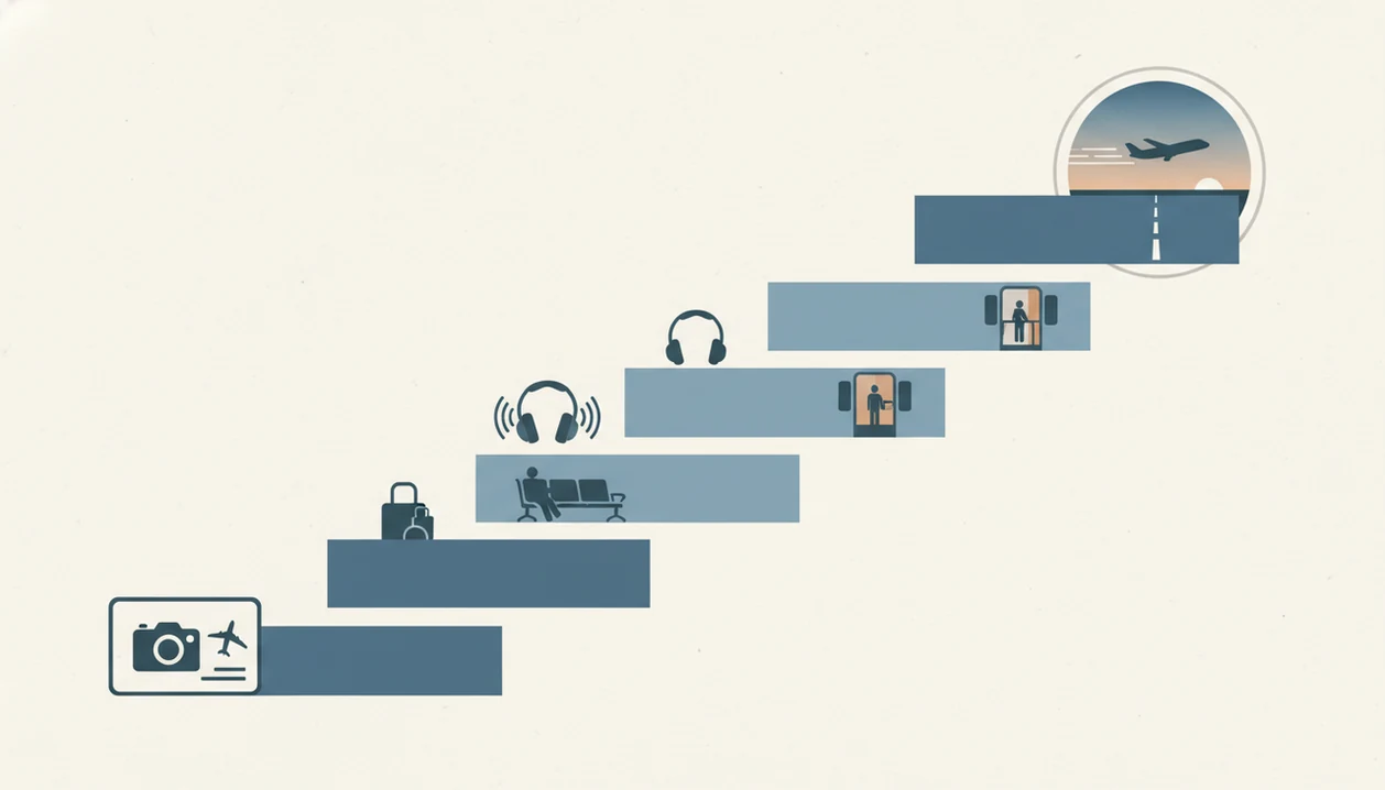 An illustrated exposure ladder shows flight-related practice steps rising toward an airplane at an airport window.
