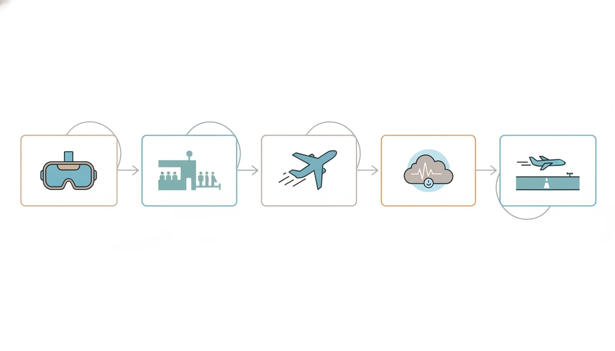 A simple diagram shows VR flight exposure moving from headset practice to takeoff, turbulence, and landing.