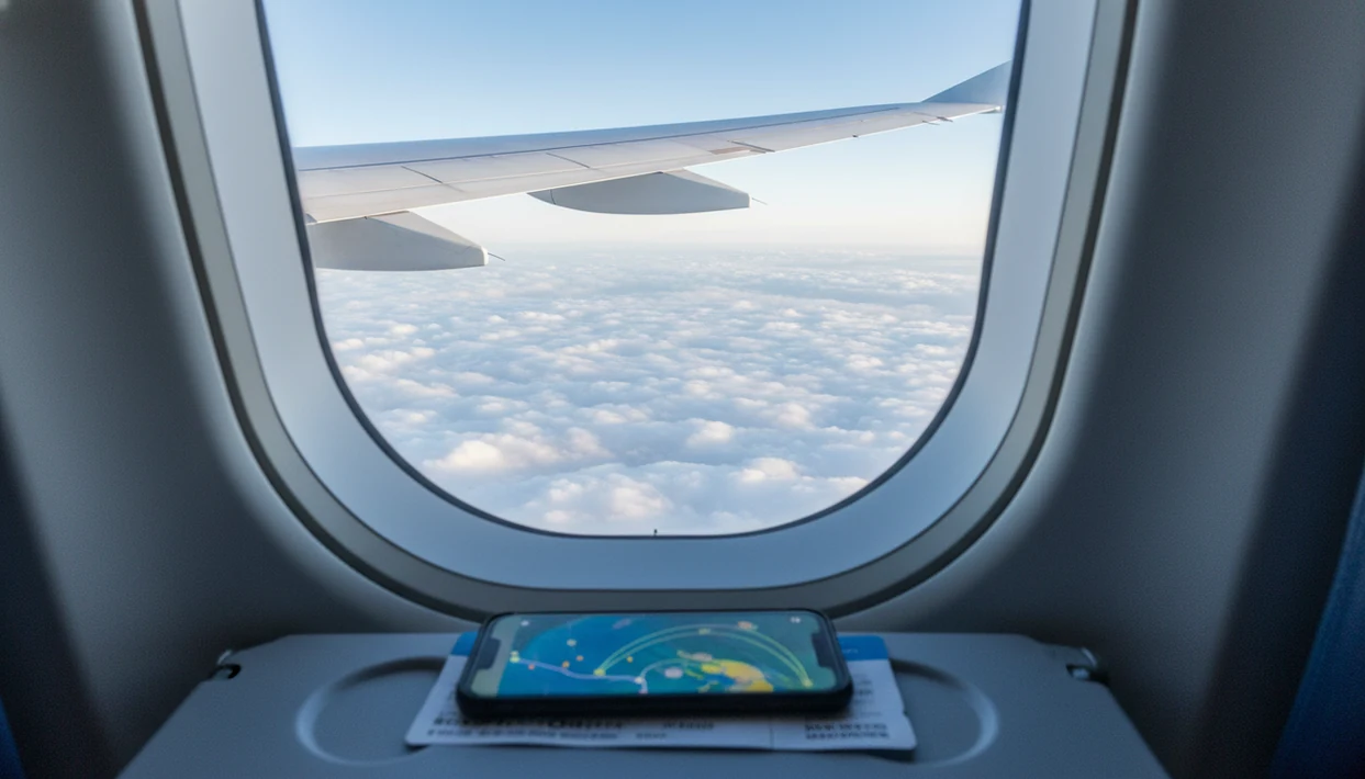 A phone rests on an airplane tray table beside a window view of a wing over clouds.