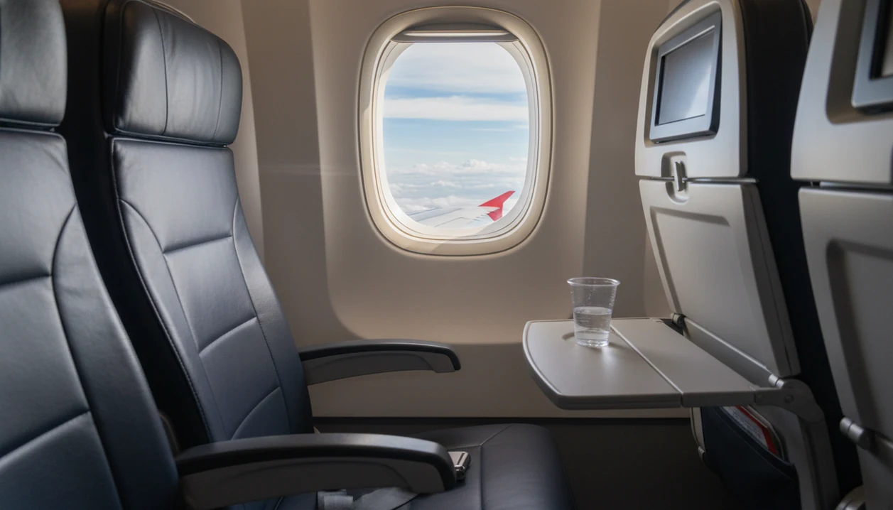 A fastened airplane seat belt sits beside a window view of clouds, suggesting calm during turbulence.