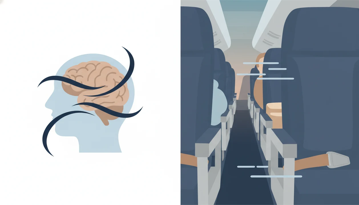 A clean illustration contrasts a calmer brain with a dim airplane cabin suggesting reduced alertness.