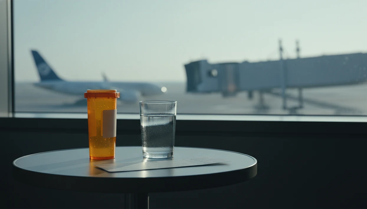 An unlabeled prescription bottle and water sit near an airport window with a plane blurred outside.